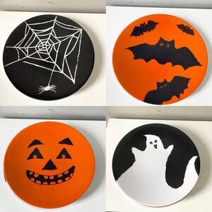Pottery Barn Kids Halloween Plates 4 Melamine Pumpkin Black Cat Ghost Spiderweb